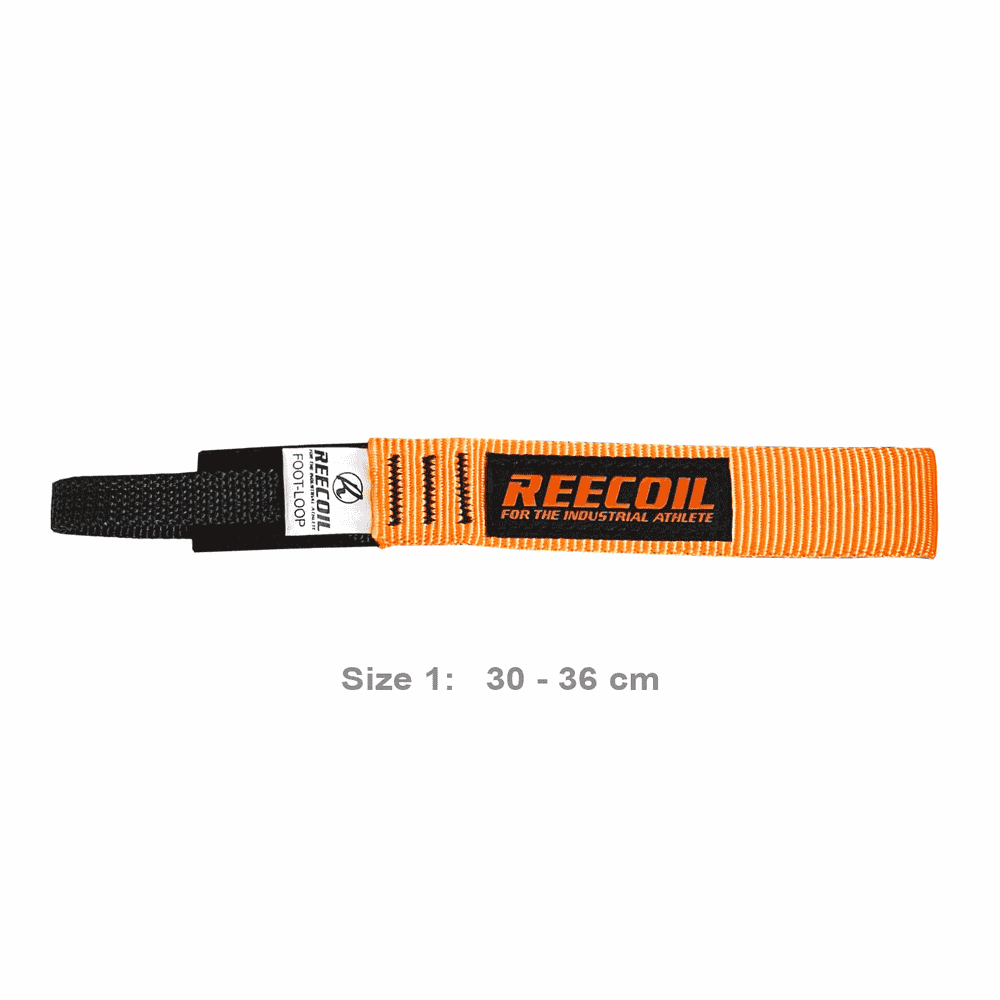 Foot Loop 1 von Reecoil, eine orangefarbene Schlaufe mit schwarzem Ende und Reecoil-Logo, Größe 30-36 cm