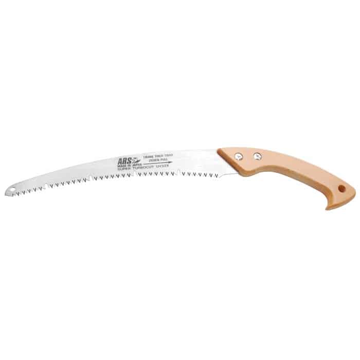 Super TurboCut Handsäge mit gebogenem, gezahntem Metallblatt und hellem Holzgriff, Hersteller ARS, Modell Super TurboCut UV32X