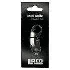 Mini Knife Straight Cut Messer von Laco in schwarzer Verpackung mit weißer Aufschrift und Sichtfenster, das Messer ist im geschlossenen Zustand sichtbar