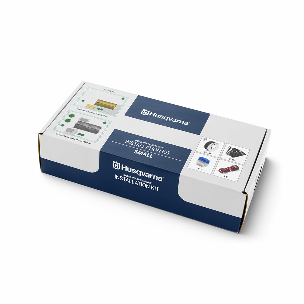 Husqvarna Automower Installations-Kit S, weiße und blaue Verpackung mit Produktabbildungen und Husqvarna-Logo
