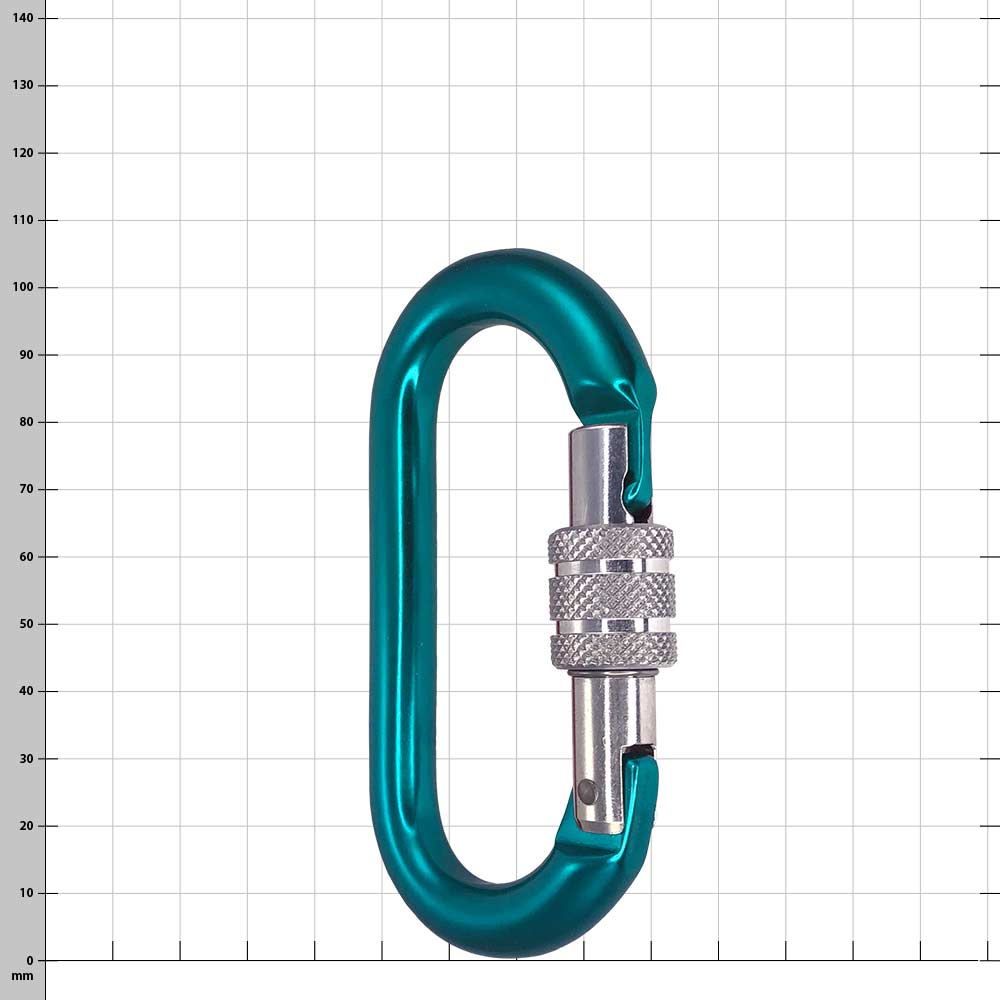 Oval Screwlock Karabiner in Blau mit Schraubverschluss geöffnet, Produktname Oval Screwlock