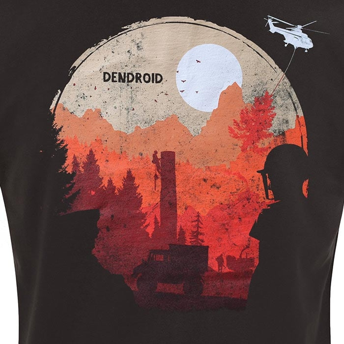 Dream Day T-Shirt von DENDROID in Schwarz mit Nahaufnahme des Rückseitenmotivs, das eine Landschaft mit roten und orangefarbenen Bäumen, Bergen, einem weißen Mond, einem Helikopter und einer Person mit Helm zeigt