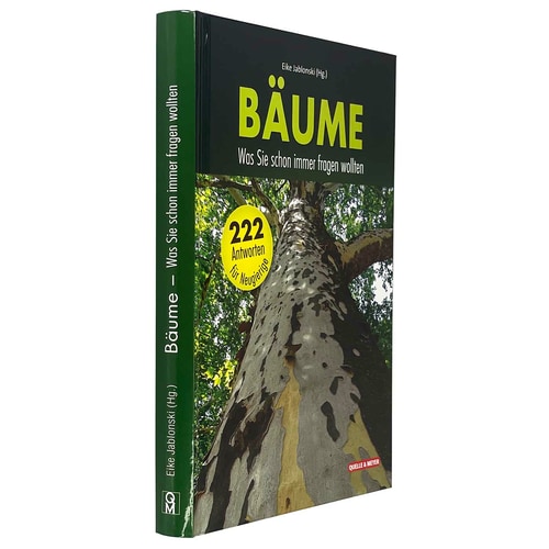 Buch Bäume - Was Sie immer schon fragen wollten von Eike Jablonski, seitliche Ansicht mit grünem Buchrücken und gleichem Coverbild und Aufkleber
