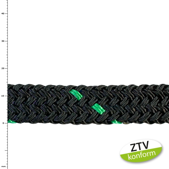 Baumrettungsseil tree save 2 t grün, schwarzes geflochtenes Seil mit grünen Fäden, ZTV konform