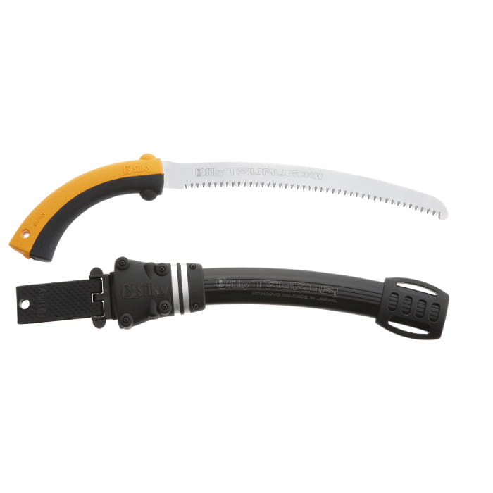 Tsurugi Curve 270-10 Handsäge mit gebogenem, gezahntem Metallblatt und gelb-schwarzem Griff, daneben schwarze Kunststoffscheide