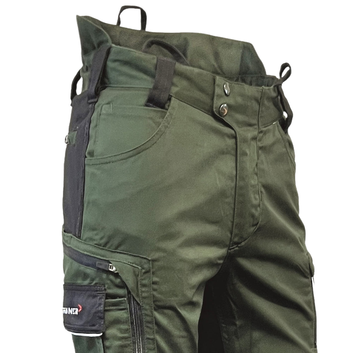 StretchFlex® Cancool Hose grün mit schwarzen Details, Nahaufnahme der oberen Hälfte mit Taschen und Gürtelschlaufen