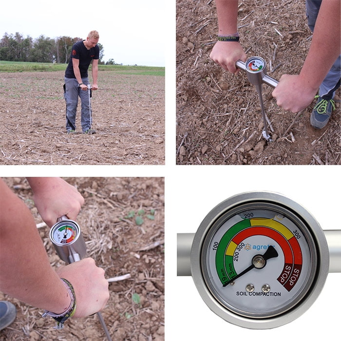 Agreto Penetrometer, vierteilige Bildcollage mit Person, die das Gerät im Feld hält, Nahaufnahmen von Händen am Griff und der Messanzeige des Geräts