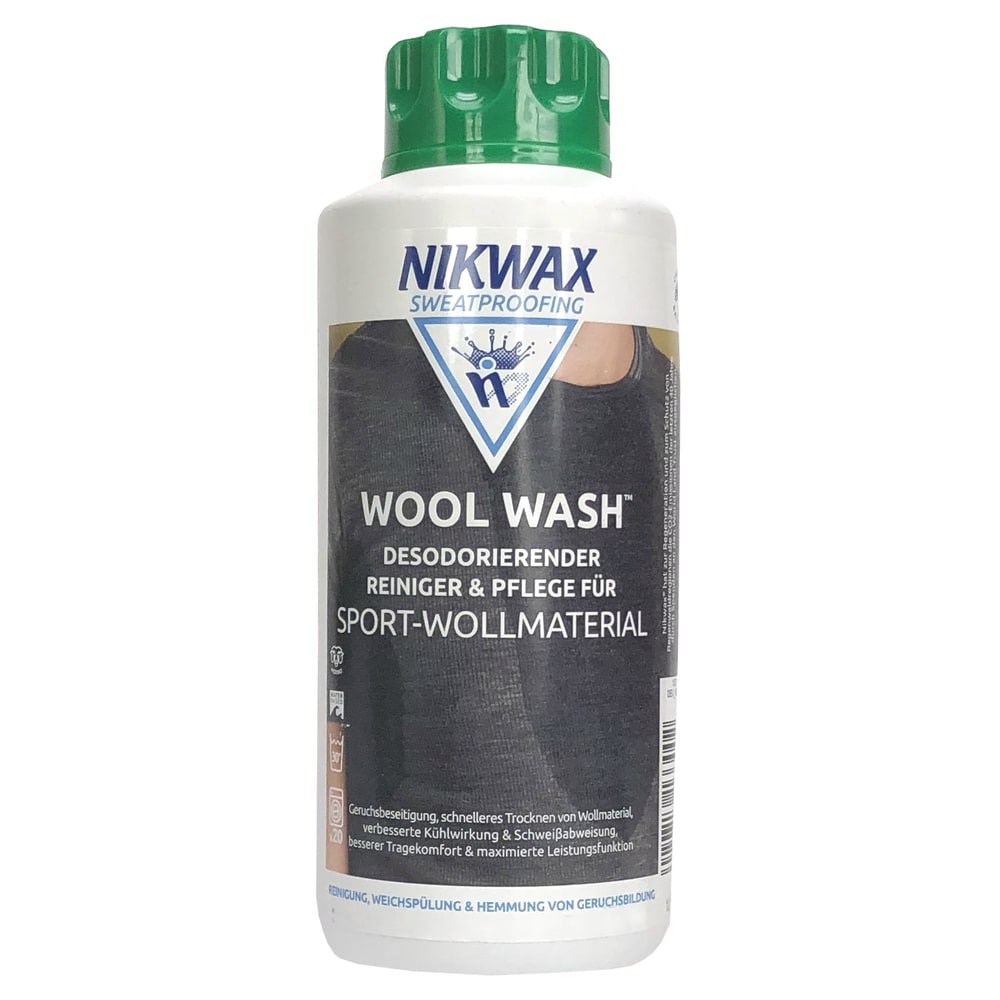 Nikwax Wool Wash Flasche mit grünem Deckel und weißem Etikett, Produktname Wool Wash, Hersteller Nikwax, Typ Reiniger für Sport-Wollmaterial
