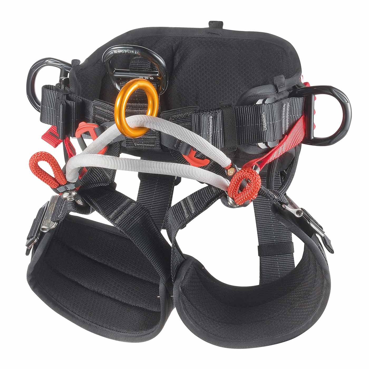 Klettergurt Tree Access ANSI ST in Schwarz mit roten und grauen Schlaufen und Metallringen, gepolstert