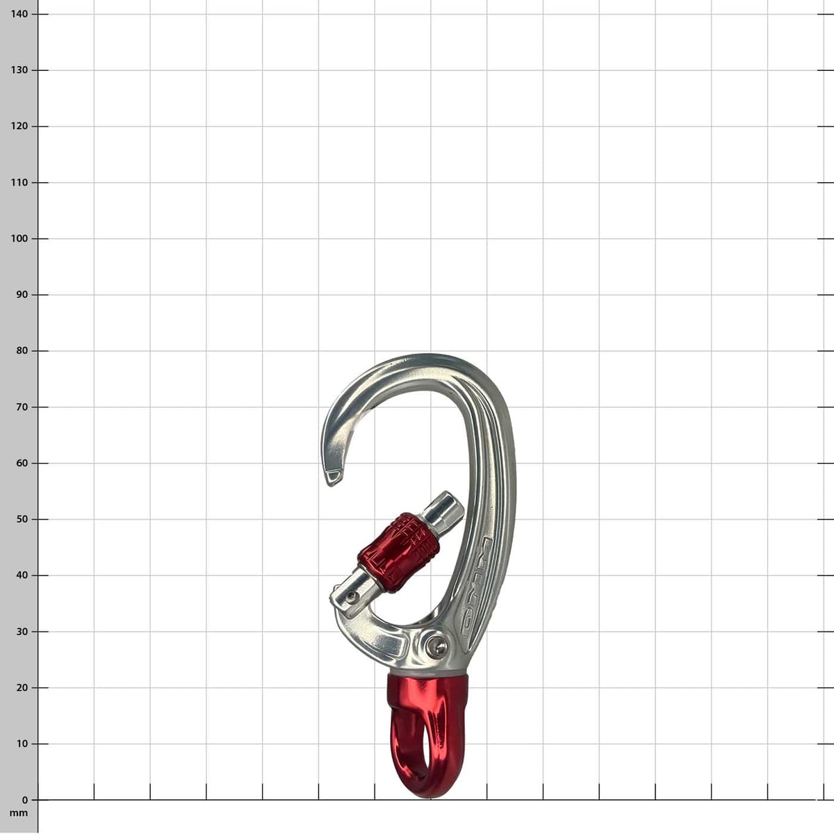 XSRE Swivel Lock Karabinerhaken in Silber mit rotem Drehverschluss und rotem Drehwirbel geöffnet, vor einem karierten Hintergrund
