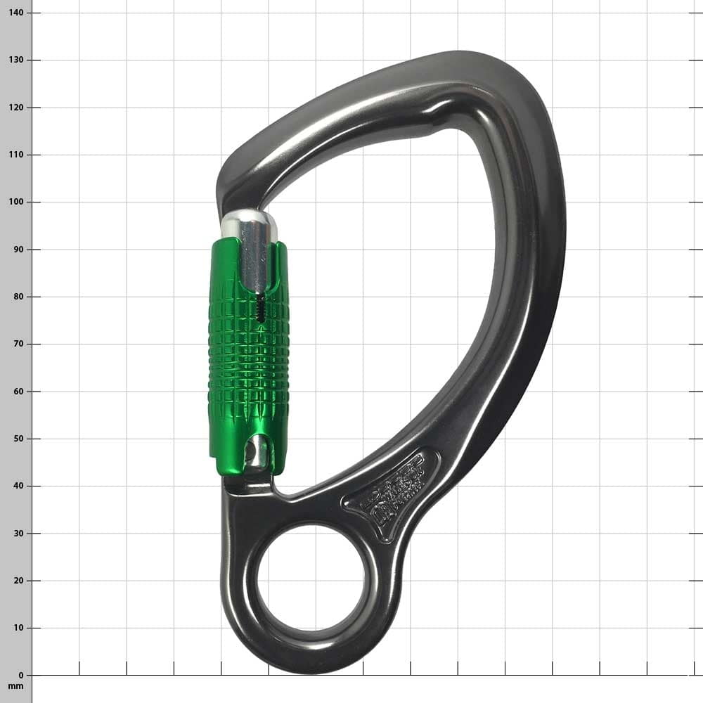 Captive Eye Karabiner mit grünem Schraubverschluss und rundem Loch am unteren Ende, vor kariertem Hintergrund