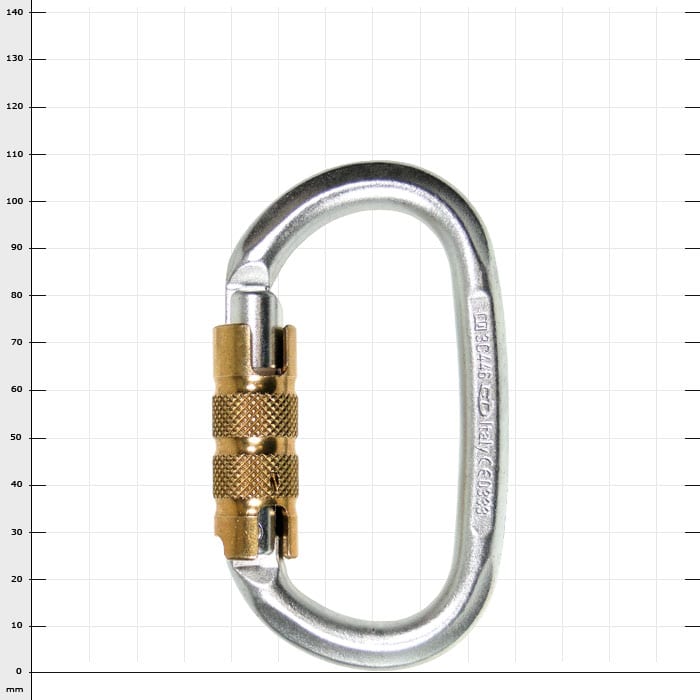Pillar Steel Auto Karabiner aus Stahl mit goldfarbenem Schraubverschluss, geschlossen dargestellt