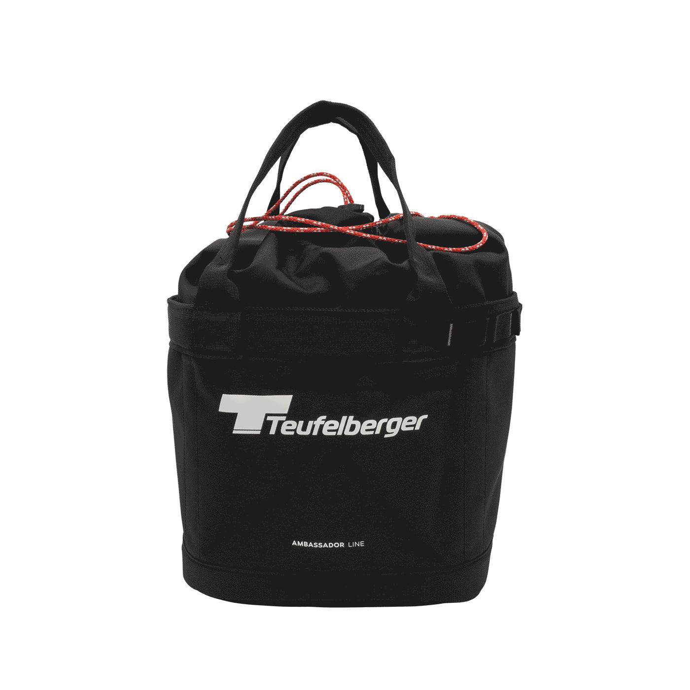Bucket Mule von Teufelberger, schwarze runde Tasche mit zwei schwarzen Tragegriffen und rotem Kordelverschluss, Vorderseite mit weißem Teufelberger-Logo und Schriftzug "AMBASSADOR LINE"