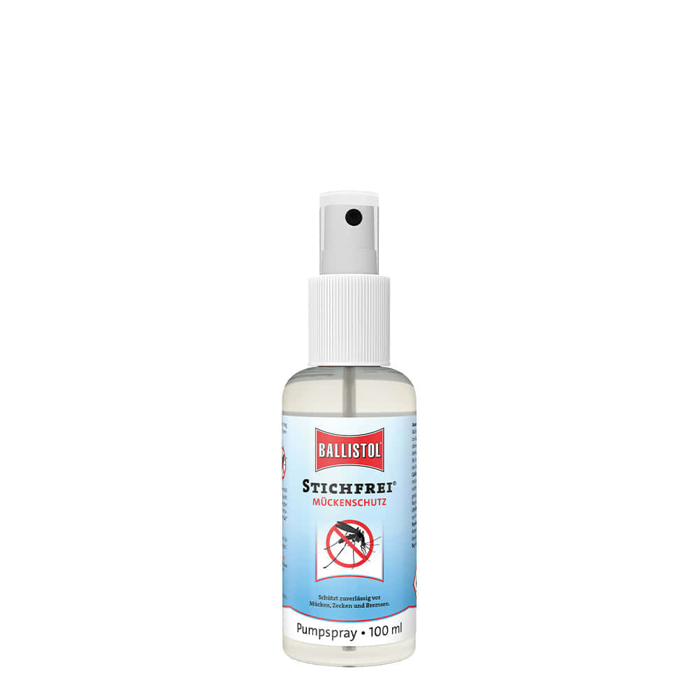 Ballistol Stichfrei Mückenschutz Pumpspray 100 ml mit weißem Sprühkopf und blauem Etikett mit rotem Ballistol-Logo und Bild einer durchgestrichenen Mücke