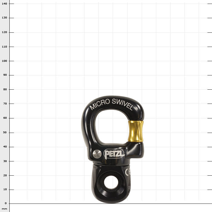 Micro Swivel von Petzl in Schwarz mit goldenem Drehgelenk und weißer Beschriftung