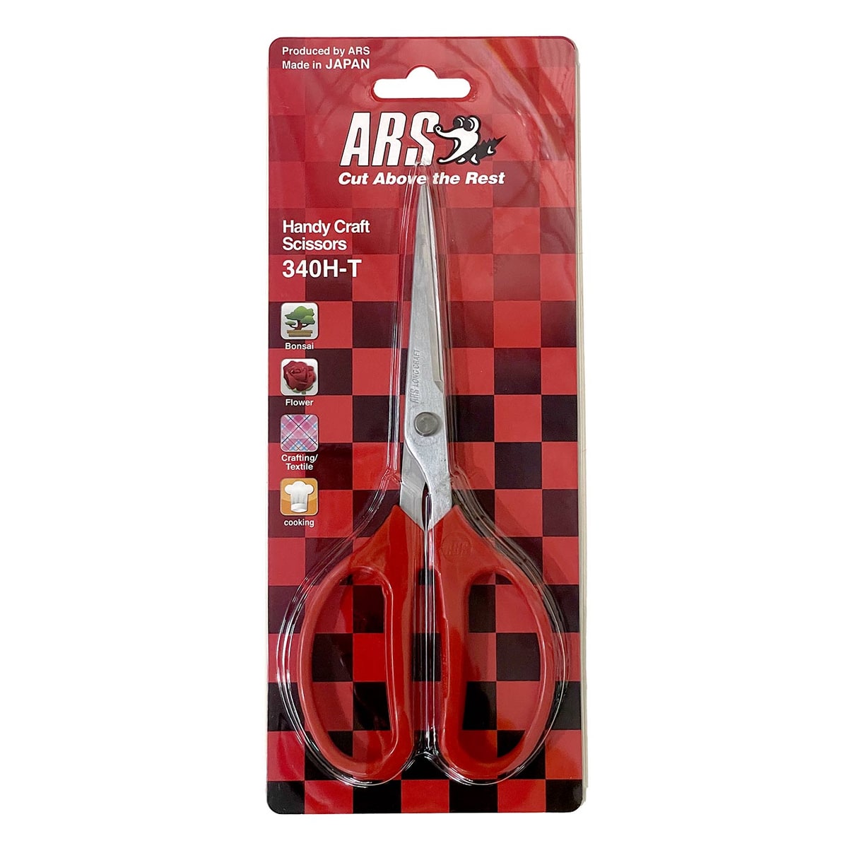Allzweckschere 340HT von ARS in Verpackung mit rotem Schachbrettmuster und roten Griffen, auf der Verpackung steht „Handy Craft Scissors 340H-T“ und „Produced by ARS Made in JAPAN“