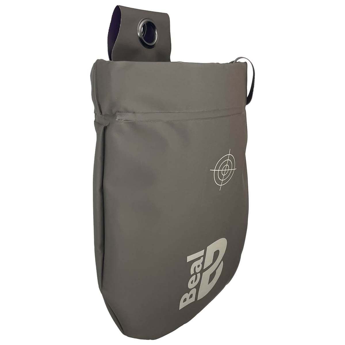 Beal Genius 2 graue Tasche mit violettem Verschlussriemen und weißem Logo auf der Rückseite, mit Zielscheibenmotiv