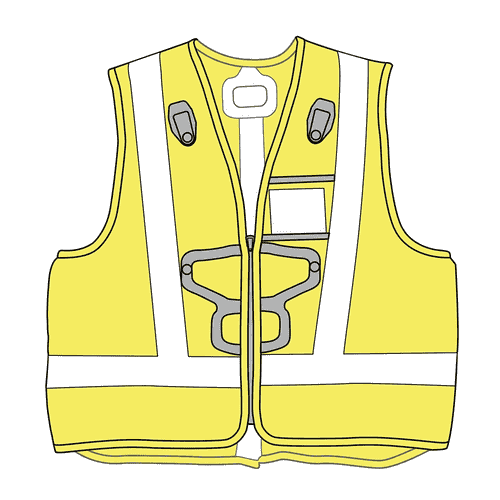 Newton Vest HI-VIZ Illustration einer Warnweste in gelb mit grauen Reflexstreifen, schwarzen Halterungen und Taschen