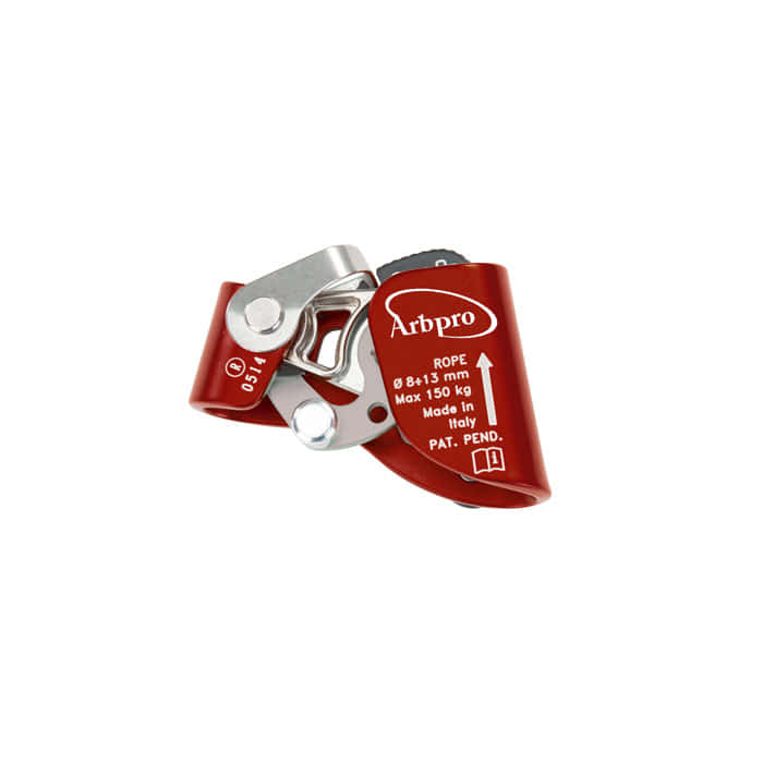 Quickstep Tree R, rotes Klettergerät mit Metallteilen und weißer Aufschrift "Arbpro" und technischen Angaben