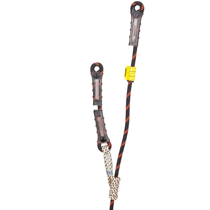 Fossy Set Uni 2, Kletterseil mit zwei grauen Sicherungsmechanismen und einem gelben Etikett