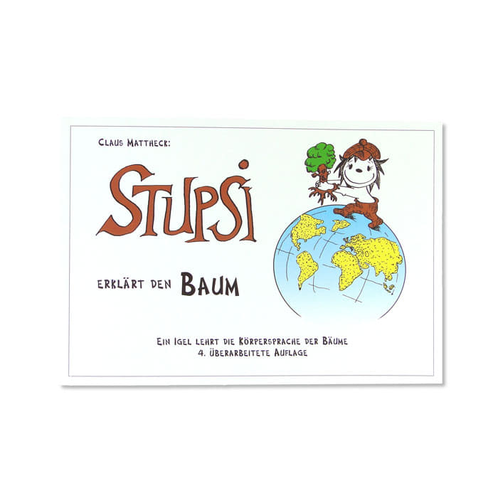 Stupsi erklärt den Baum, Buchcover mit einer Zeichnung eines kleinen Igels, der einen Baum hält, Titel und Untertitel in brauner und schwarzer Schrift auf weißem Hintergrund