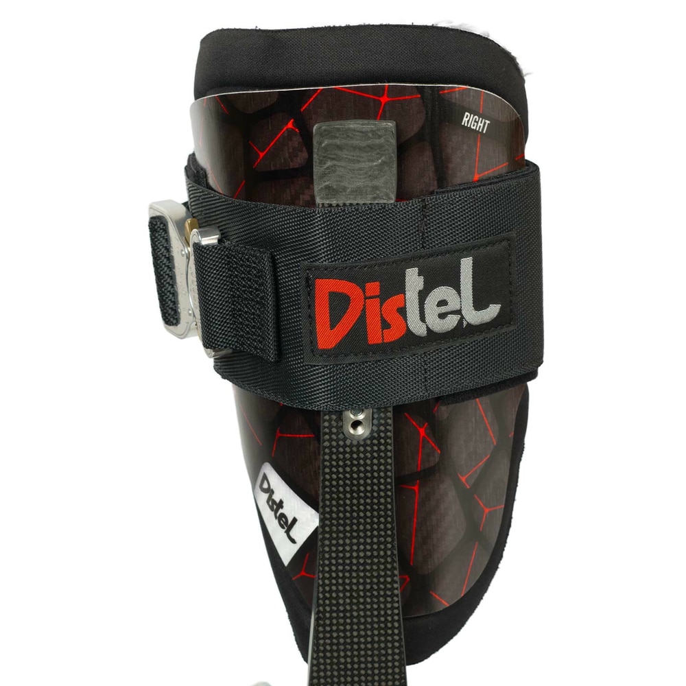 Distel Carbon 3.1 Click, rechte Carbon-Beinschiene mit schwarzem Polster, schwarzem Klettverschluss und Distel-Logo in Rot und Weiß