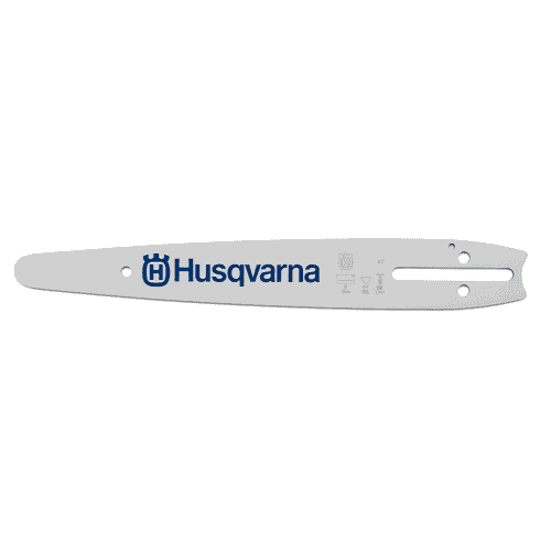 Carving Schiene 10 / 1/4 von Husqvarna in weiß mit blauem Husqvarna-Logo und mehreren Befestigungslöchern, Nahaufnahme der Schiene mit technischen Symbolen und Angaben