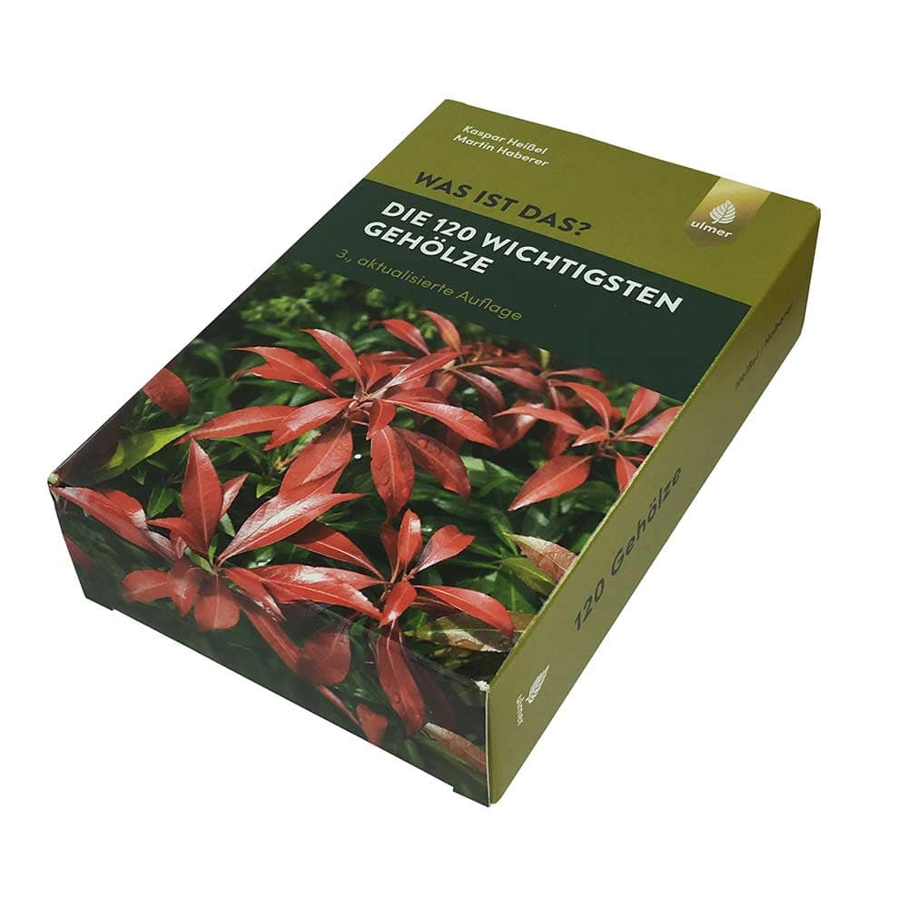 Kartonbox des Kartensets "Die 120 wichtigsten Gehölze" von Kaspar Heißel und Martin Haberer, Verlag Ulmer, mit grünem Design und rotem Blätterbild auf der Vorderseite