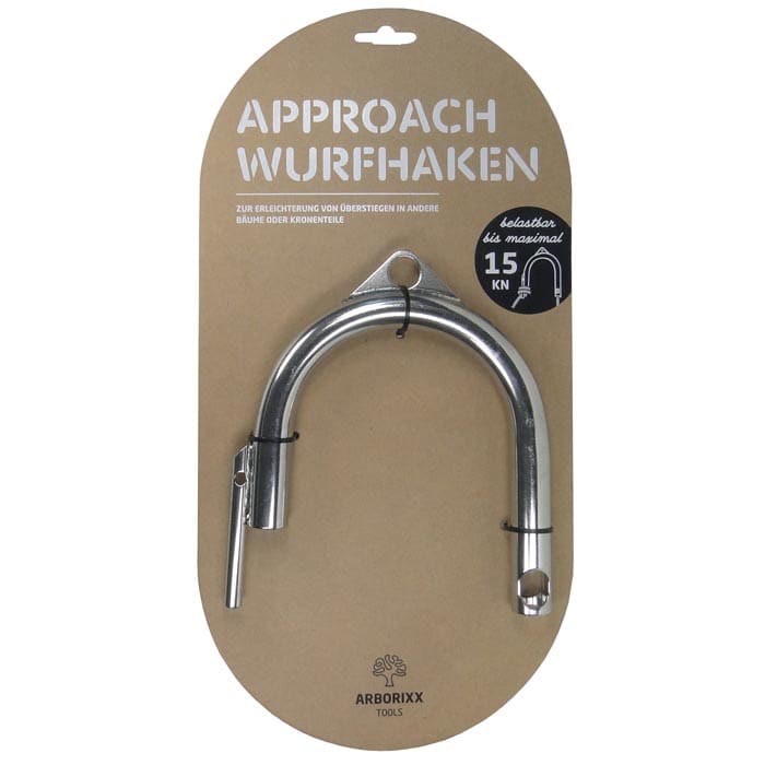 Approach Wurfhaken von Arborixx Tools in brauner Verpackung mit weißer Schrift und schwarzem Aufkleber, der eine Belastbarkeit von 15 kN anzeigt