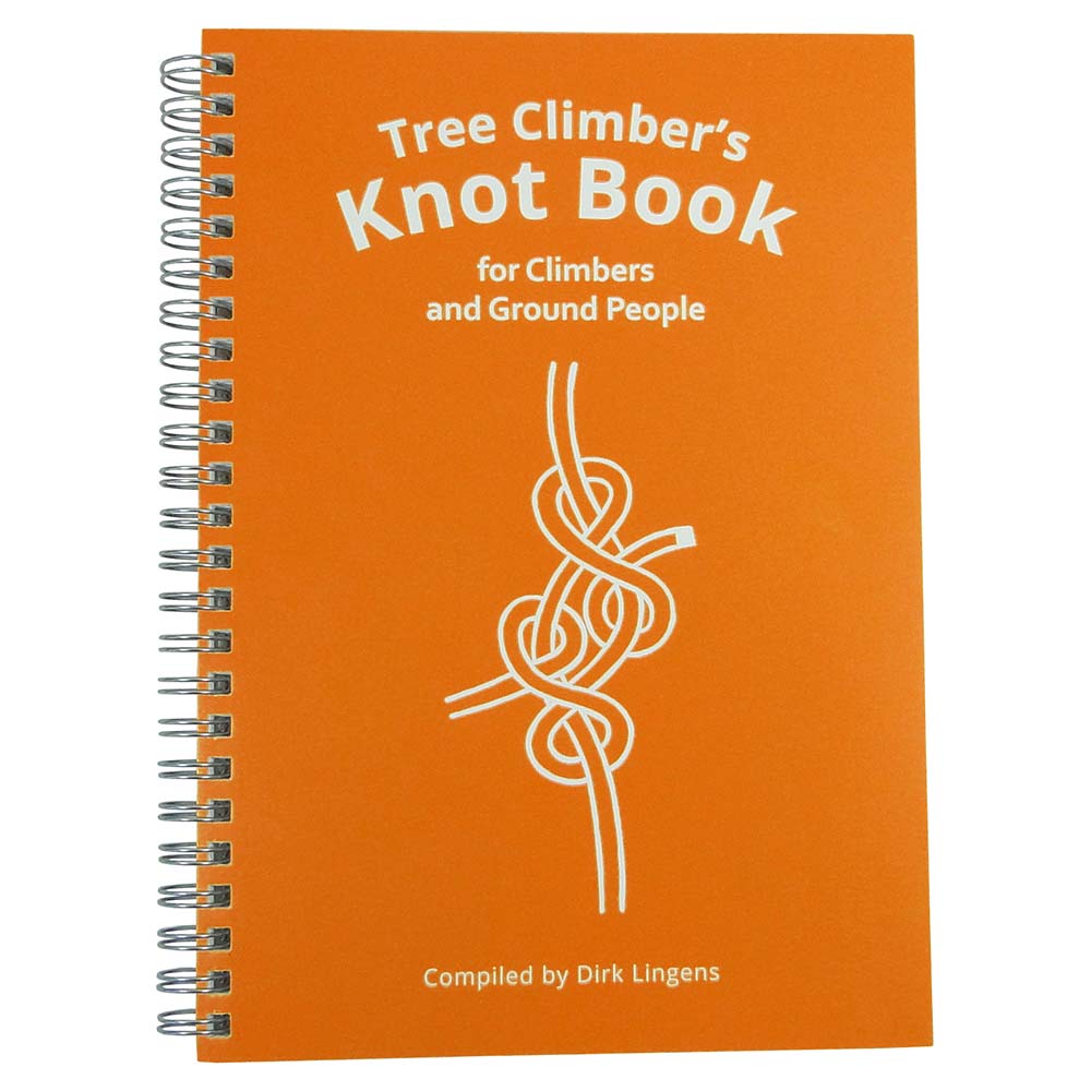 Orangefarbenes Spiralheft mit weißem Text "Tree Climber's Knot Book for Climbers and Ground People" und einer weißen Knotenzeichnung, verfasst von Dirk Lingens, Produktname Tree Climber's Knotbook