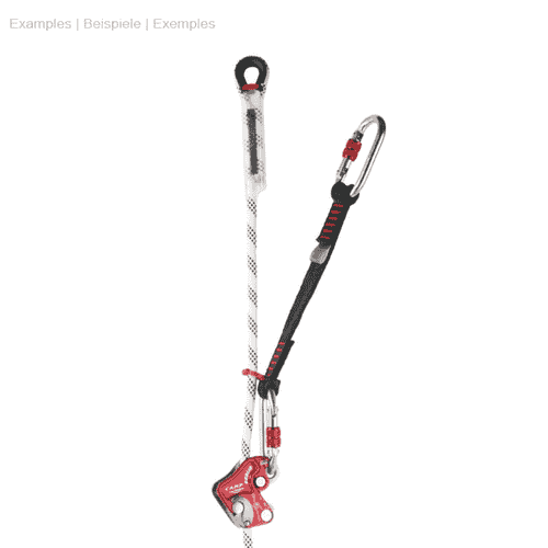 Goblin Lanyard 26, vollständiges Kletterset mit schwarzem Band, rotem Kunststoffhaken, Aluminiumkarabiner und rotem Klettergerät an weißem Seil
