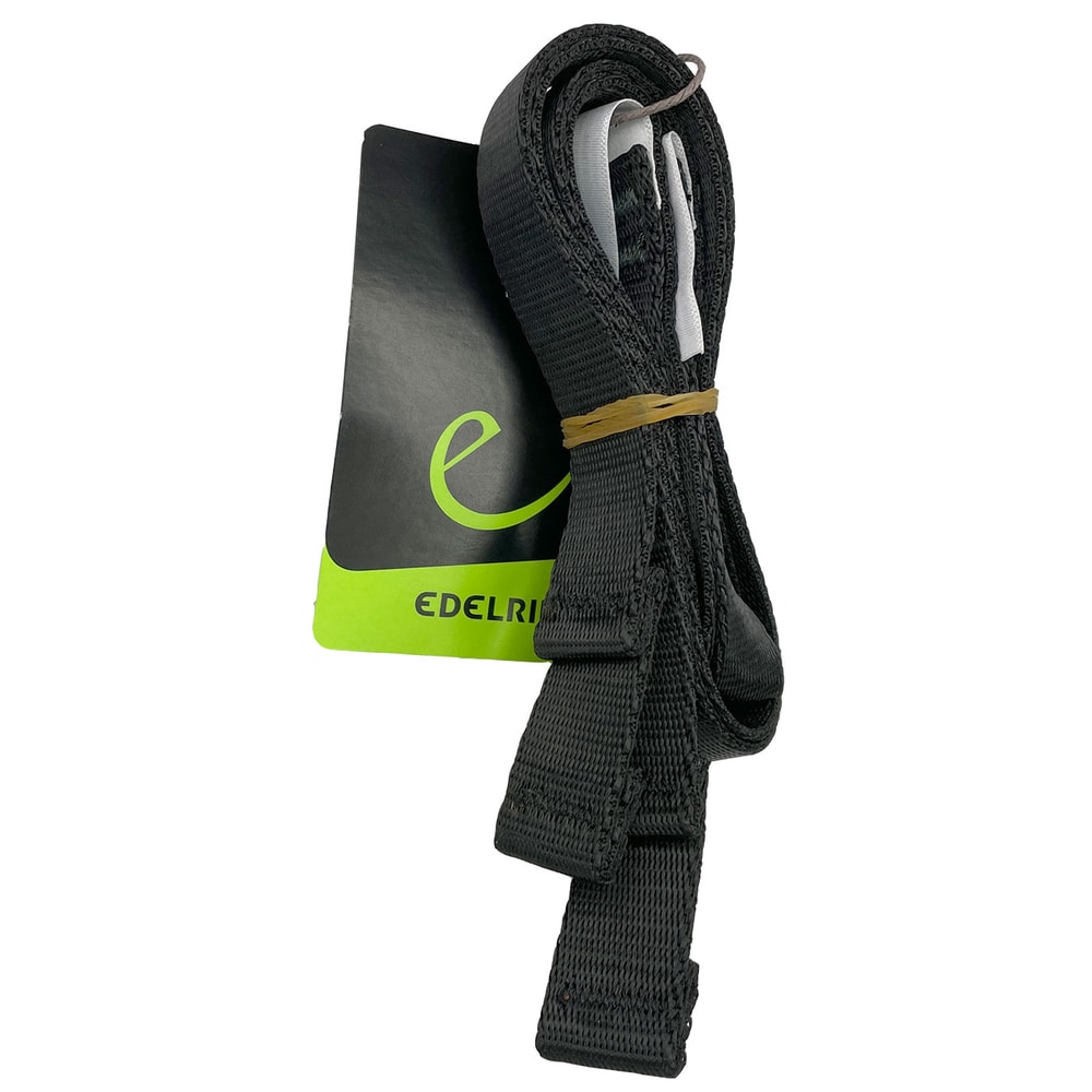 Schwarze, gefaltete Gurtbänder mit grün-schwarzem Etikett, Hersteller Edelrid, Produktname TreeRex Leg Loops