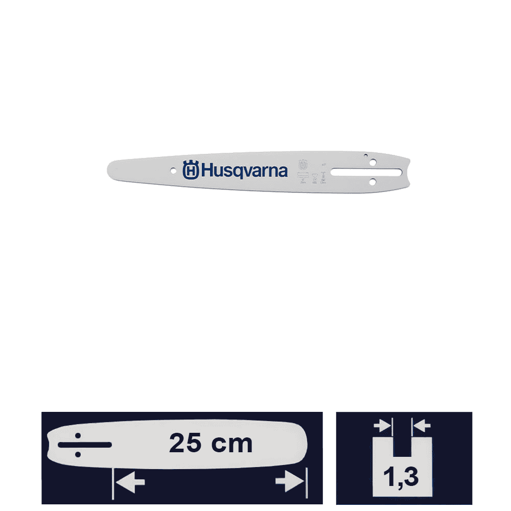 Carving Schiene 10 / 1/4 von Husqvarna in weiß mit blauem Husqvarna-Logo und mehreren Befestigungslöchern, Schienenlänge 25 cm, Breite 1,3 cm