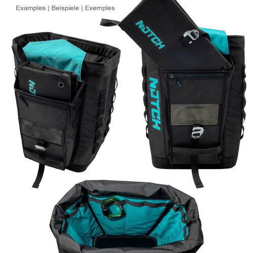Drei Ansichten der schwarzen Approach Bag mit türkisfarbenem Innenfutter, herausnehmbaren Innentaschen, Reißverschlussfach und Karabiner, alle mit sichtbarem NOTCH-Logo