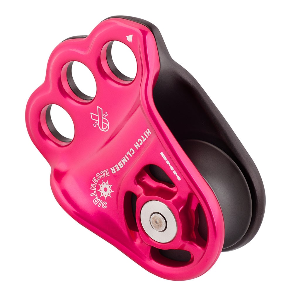 Hitch Climber Eccentric, pinkfarbene Umlenkrolle mit drei runden Ösen, schwarzem Rad und seitlicher Ansicht