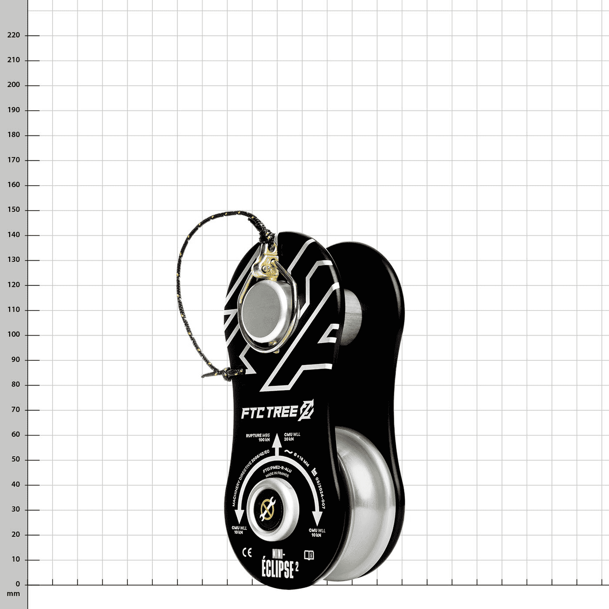 Mini-Eclipse 2 Alu, schwarze Umlenkrolle mit weißen Aufdrucken, Metallrolle und befestigter Sicherungsschlaufe