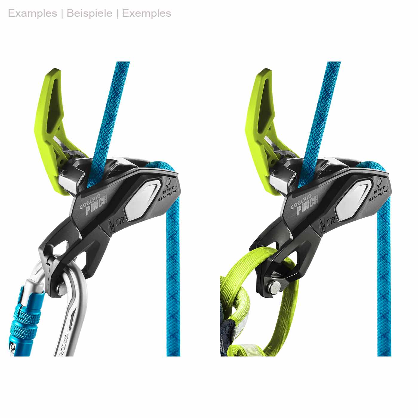 Zwei Klettergeräte Pinch von Edelrid in Schwarz und Grün mit blauem Seil und Karabinerhaken