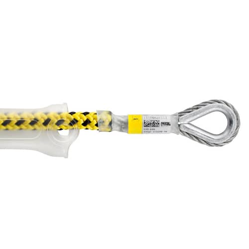 Microflip Rope, Nahaufnahme des gelb-schwarzen Seils mit PETZL-Etikett und Metallöse am Ende
