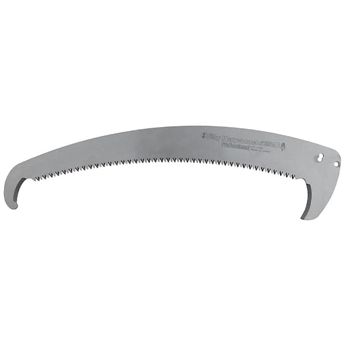 Hayauchi Sägeblatt aus Metall mit feinen Zähnen und zwei Öffnungen an den Enden, auf der Klinge ist der Schriftzug "Silky Hayauchi 360" sichtbar