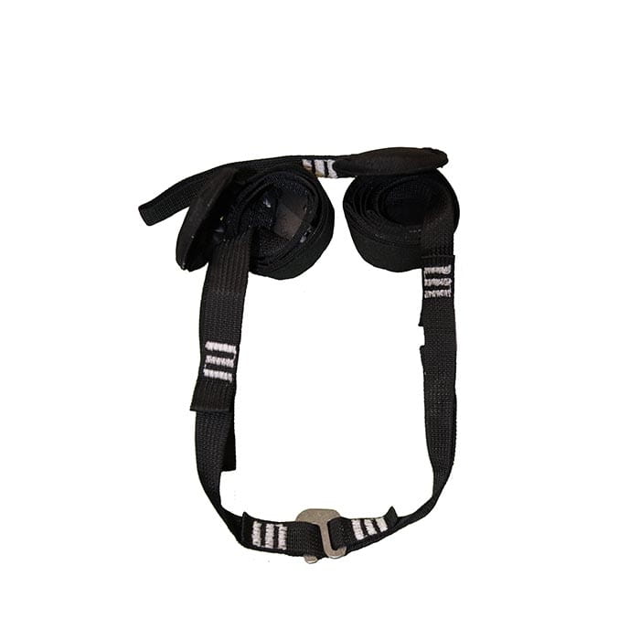 Relief Straps, schwarze Gurte mit weißen Markierungen und Metallverschluss, zusammengerollt