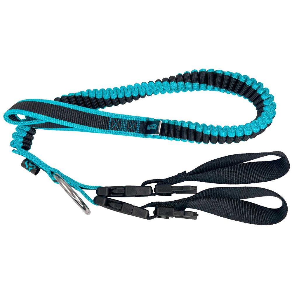 Modular Chainsaw Lanyard in schwarz und türkis mit elastischem Band, zwei schwarzen Schlaufen und Metallring
