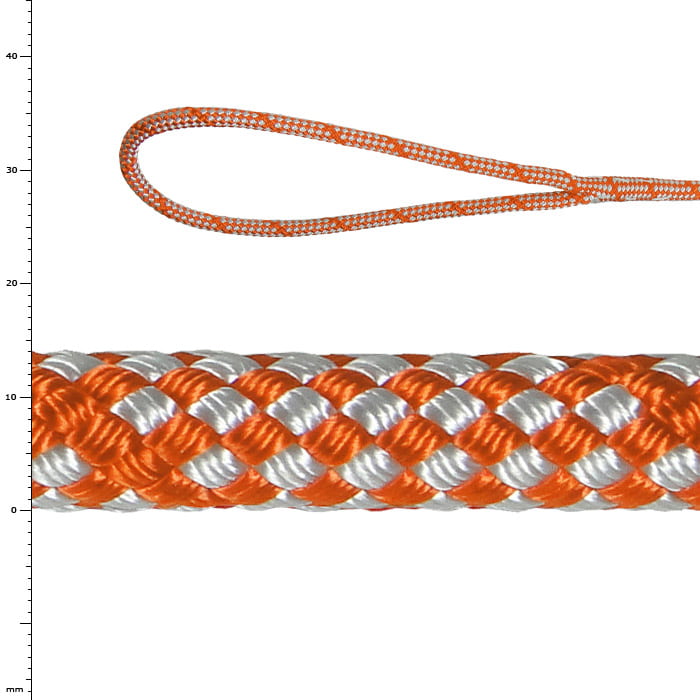 Sirius Bull Rope 14 S, orange-weiß geflochtenes Seil mit Schlaufe am Ende, Nahaufnahme des Materials und der Struktur