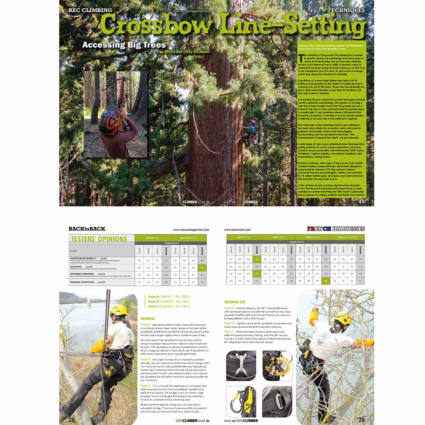 Zwei Seiten aus Arb Climber No. 20 mit Texten, Tabellen und Bildern von Kletterern in Bäumen, darunter Nahaufnahmen von Kletterausrüstung und Personen mit Helmen und Klettergurten beim Baumklettern
