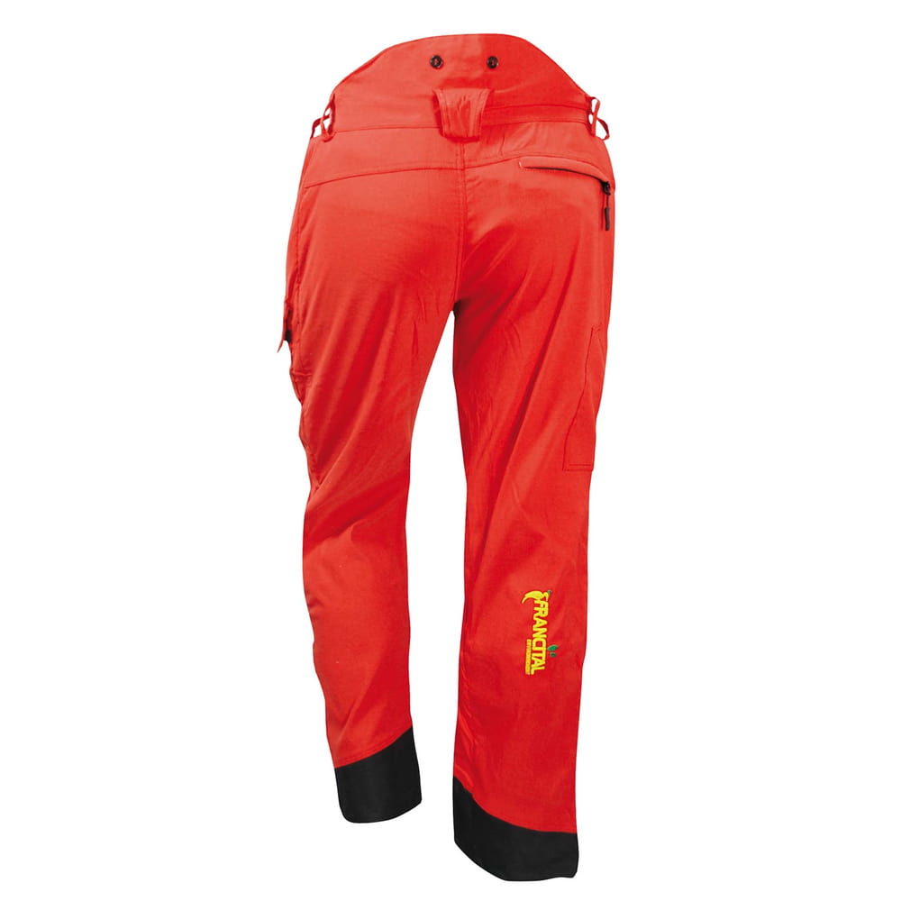 Rote Hose Everest R mit schwarzem Saum, Reißverschlusstasche hinten rechts und gelbem FRANOSTAL-Logo auf der Rückseite