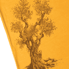 Olive Tree T-Shirt, Detailaufnahme des braunen Olivenbaumdrucks auf gelbem Stoff des T-Shirts