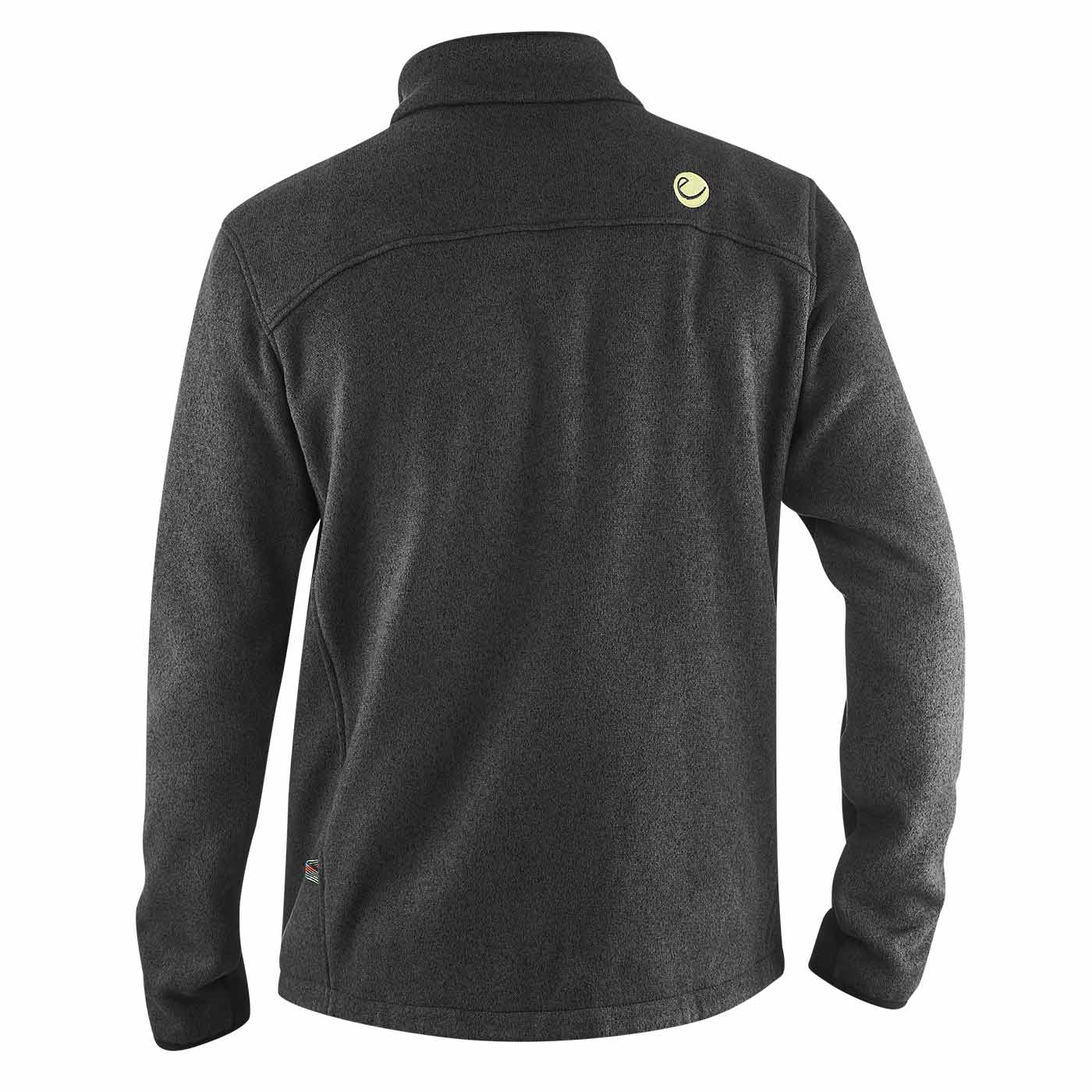Rückansicht der Mylodon Jacket in dunkelgrau mit kleinem gelben Logo am Kragen