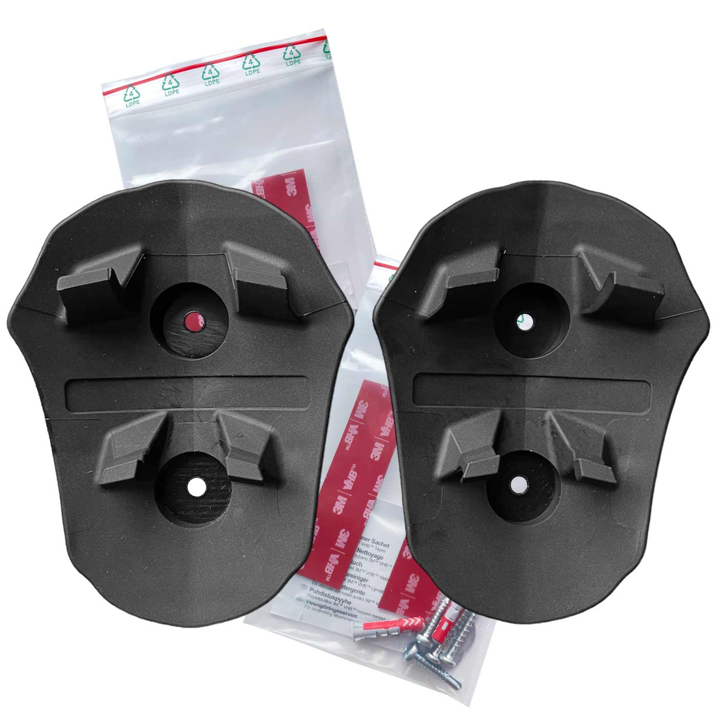 Toolprotect Helmhalter, zwei schwarze Kunststoffteile mit Befestigungslöchern und Haltehaken, dazu Schrauben, Dübel und Klebestreifen in Plastikbeuteln