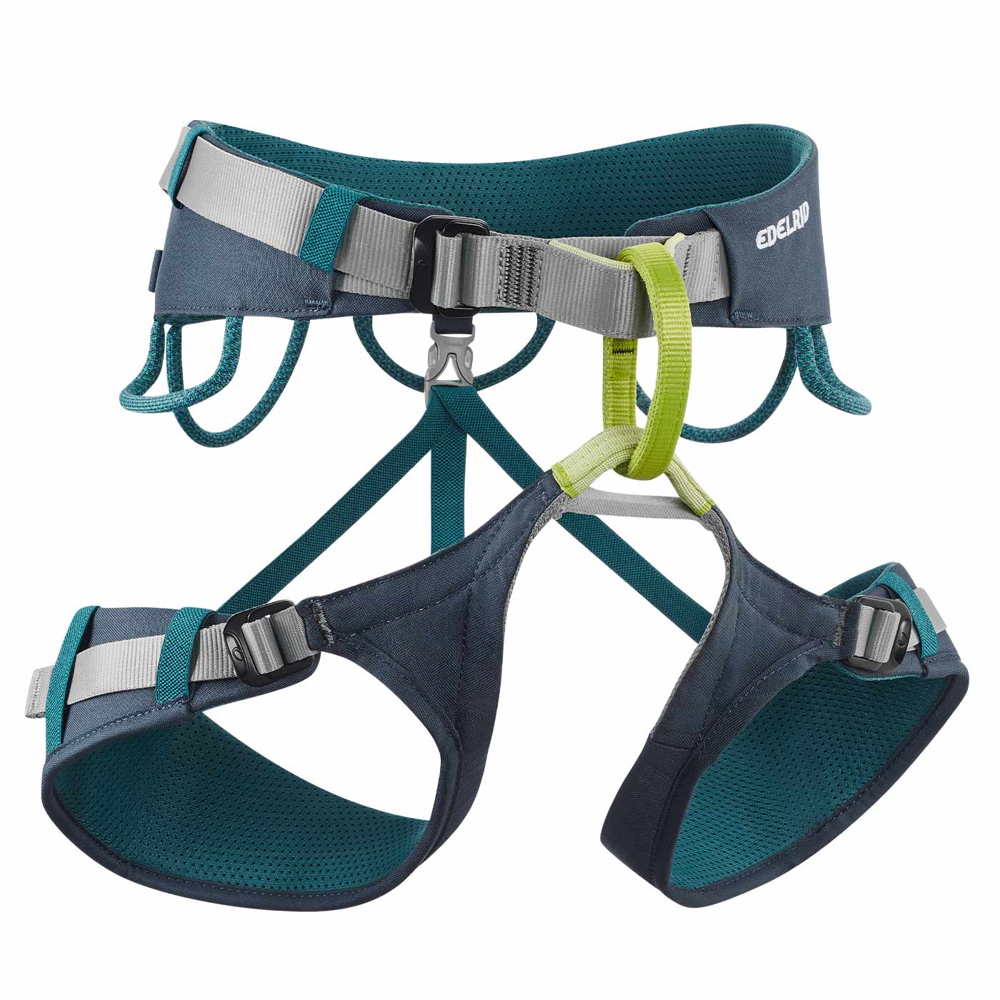 Klettergurt Jay IV von Edelrid in Blau und Grau mit grünen Schlaufen und verstellbaren Gurten