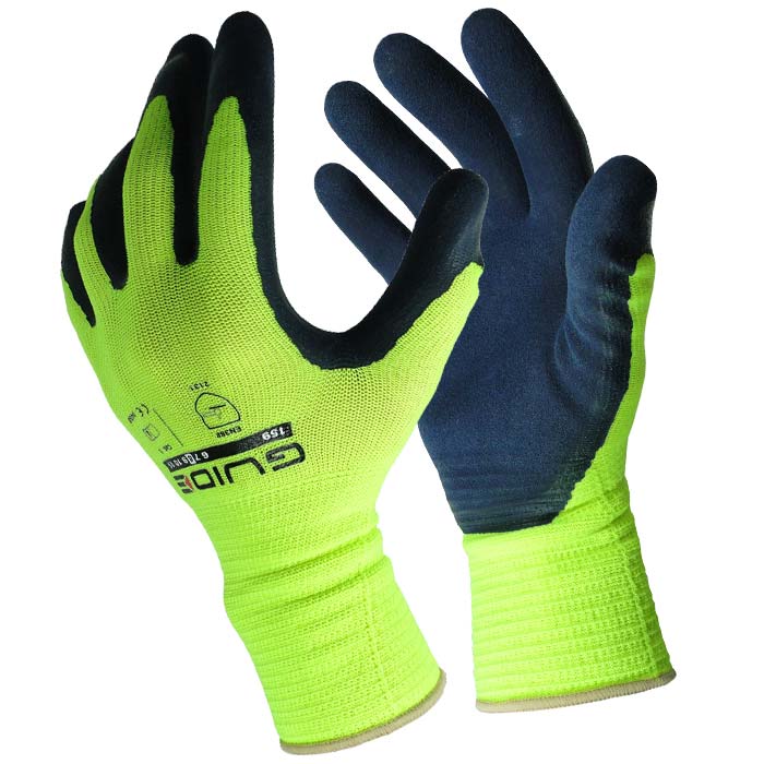 159 Guide Hi-Vis Arbeitshandschuhe in Neon-Gelb mit schwarzer Beschichtung an den Fingern und Handflächen, das rechte Paar zeigt die Handfläche, das linke den Handrücken mit Herstellerangabe Guide und Modellnummer 159