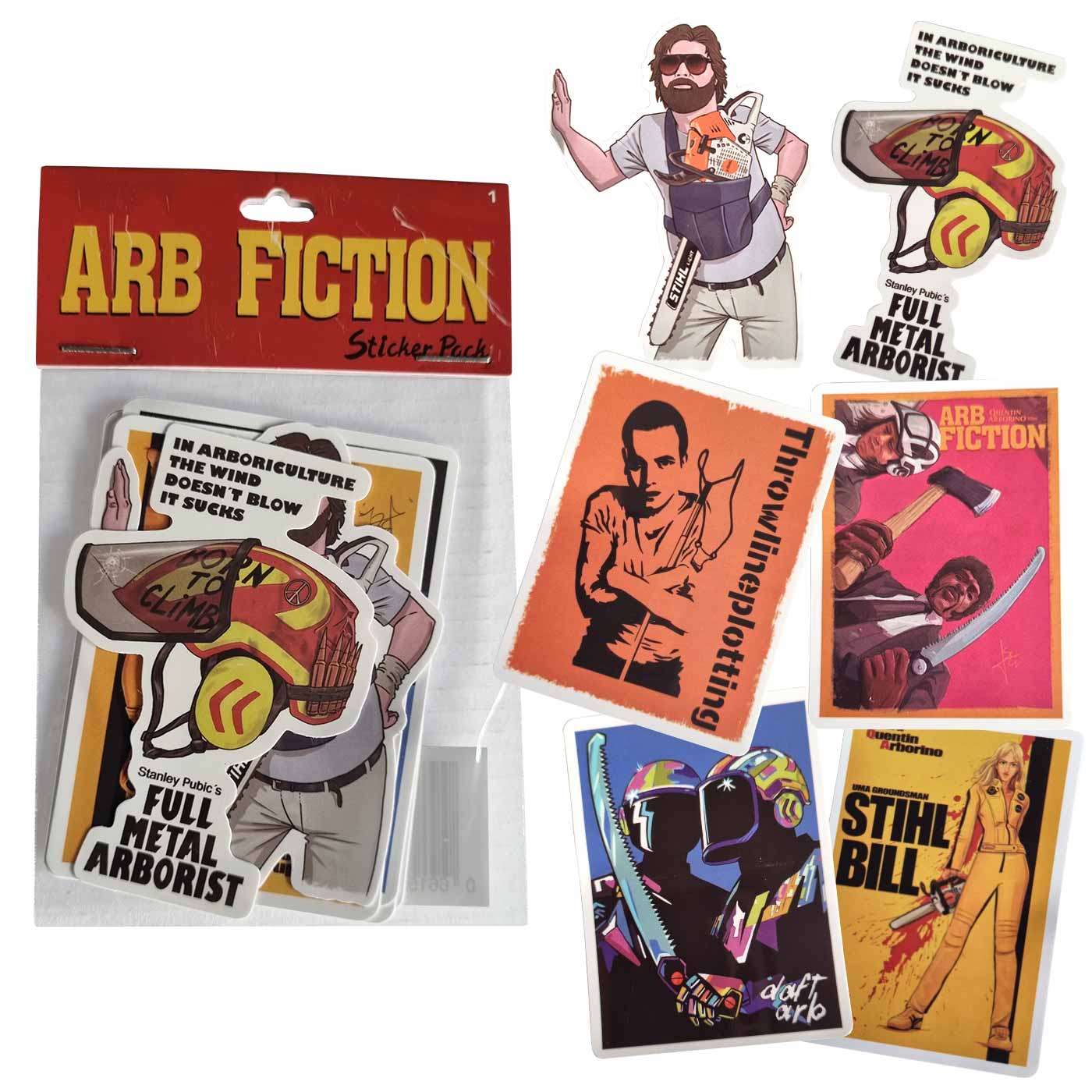 ARB Fiction Pack Vol. 1 Sticker Pack mit rotem Kopfteil und mehreren Stickern, darunter ein Mann mit Kettensäge, ein Helm mit Aufschrift "FULL METAL ARBORIST" und ein Schild mit Text